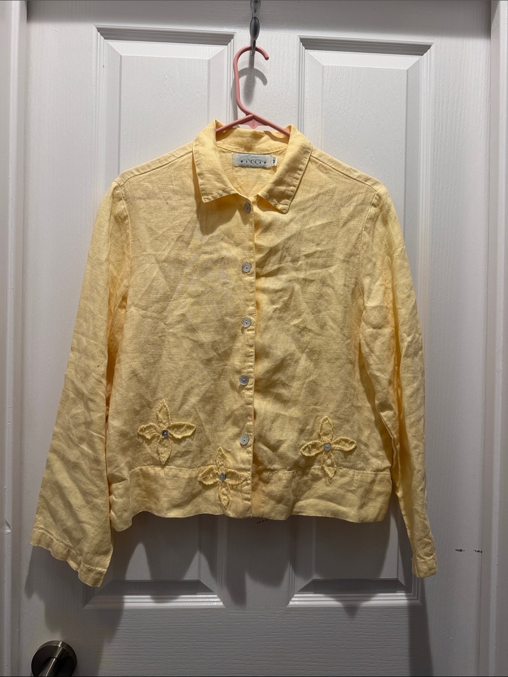Willow Yellow Linen Button-Front Jacket with Floral Cutwork